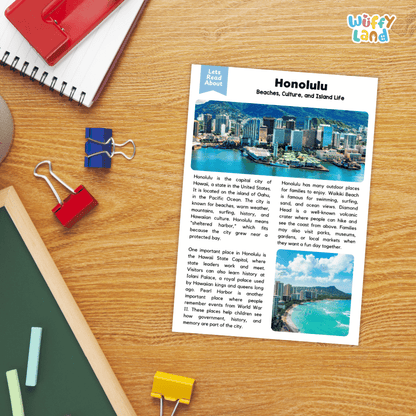 Lined reading comprehension question worksheet covering main ideas vocabulary terms sheltered harbor meaning and royal history in Honolulu Hawaii