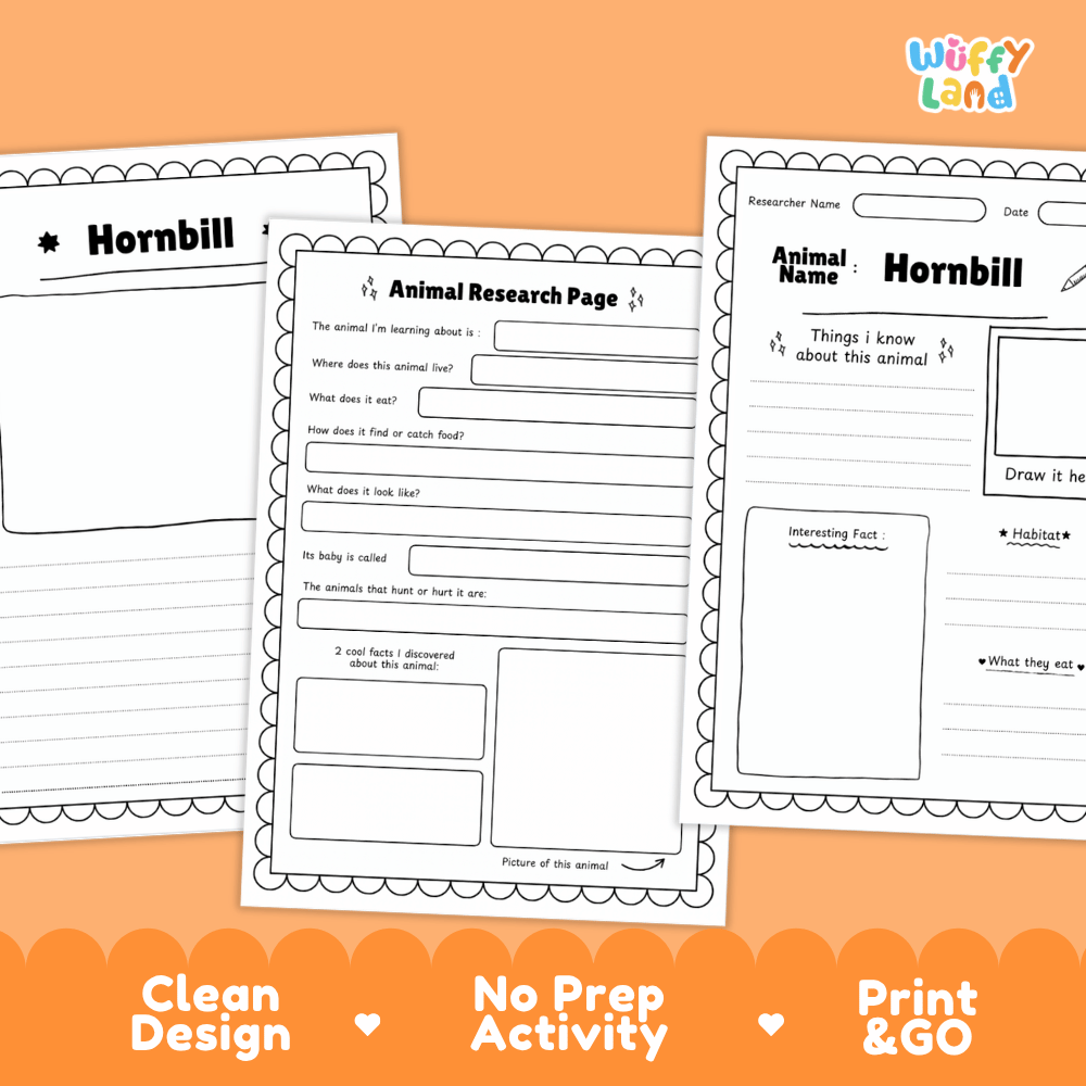 Three printable hornbill animal research activity sheets displayed on an orange background, with text reading 'Clean Design', 'No Prep Activity', and 'Print & GO'. The sheets include writing fields, a picture frame, and a small 'Wiffly Land' logo in the top right.
