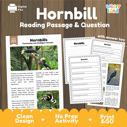 Digital reading activity bundle for 'Hornbill' featuring a reading passage, comprehension questions, and an answer key, displayed on a wood-grain background with promotional banners at the bottom.