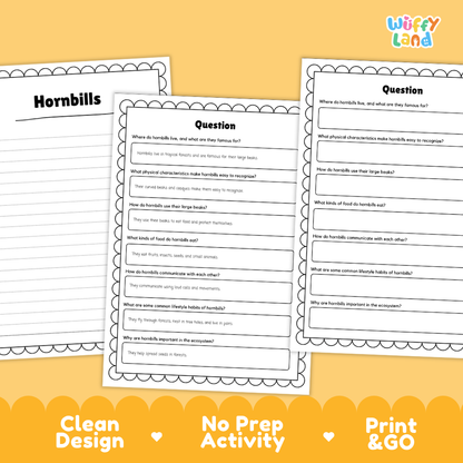 Three printable educational worksheet pages about hornbills are shown on a warm yellow background with decorative text banners. The pages have black borders, white paper, and printed text including headings like 'Hornbills' and 'Question'.