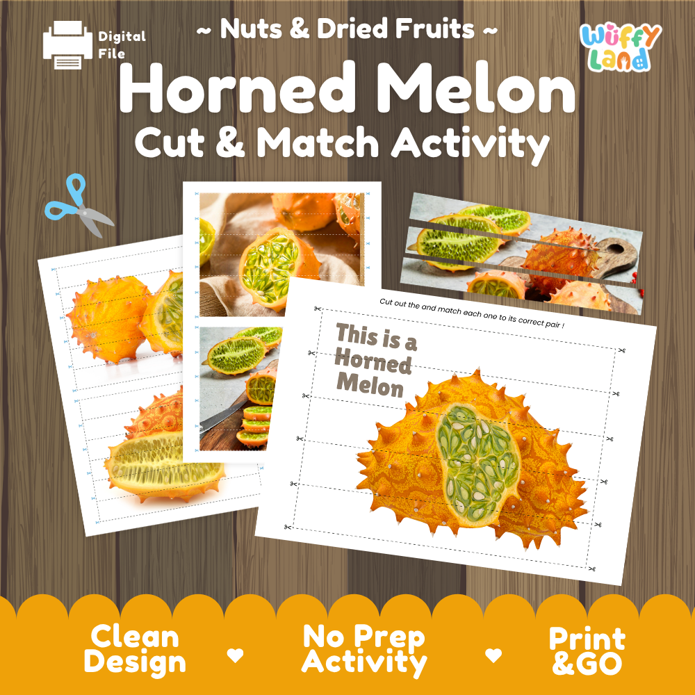 Horned melon cut and match activity cover showing printable fine motor puzzle sheets and melon photographs