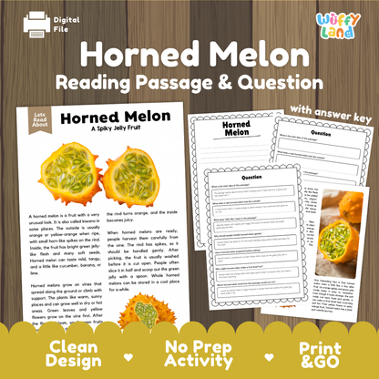 Horned Melon reading comprehension passage and questions printable activity pack with answer key for elementary students