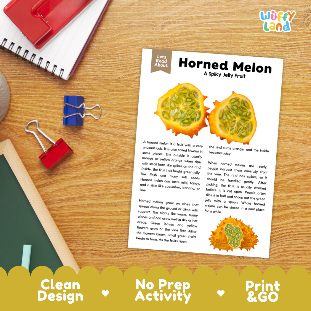 Student reading comprehension worksheet with short-answer questions and lined sections about the horned melon fruit