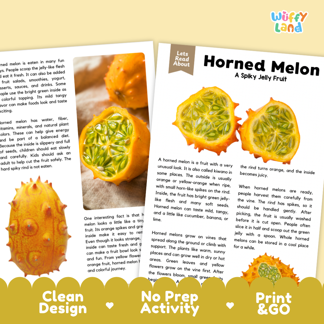 Teacher answer key page showing complete question solutions for Horned Melon nature and science reading comprehension practice