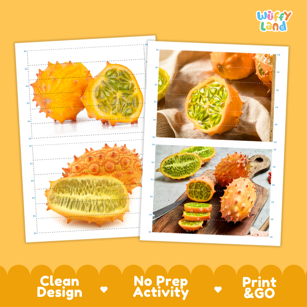 Printable activity sheets featuring photographic horned melon puzzle boards and cutting guides