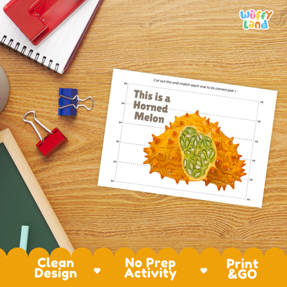 Close-up of puzzle worksheet showing horned melon images and dotted scissor lines
