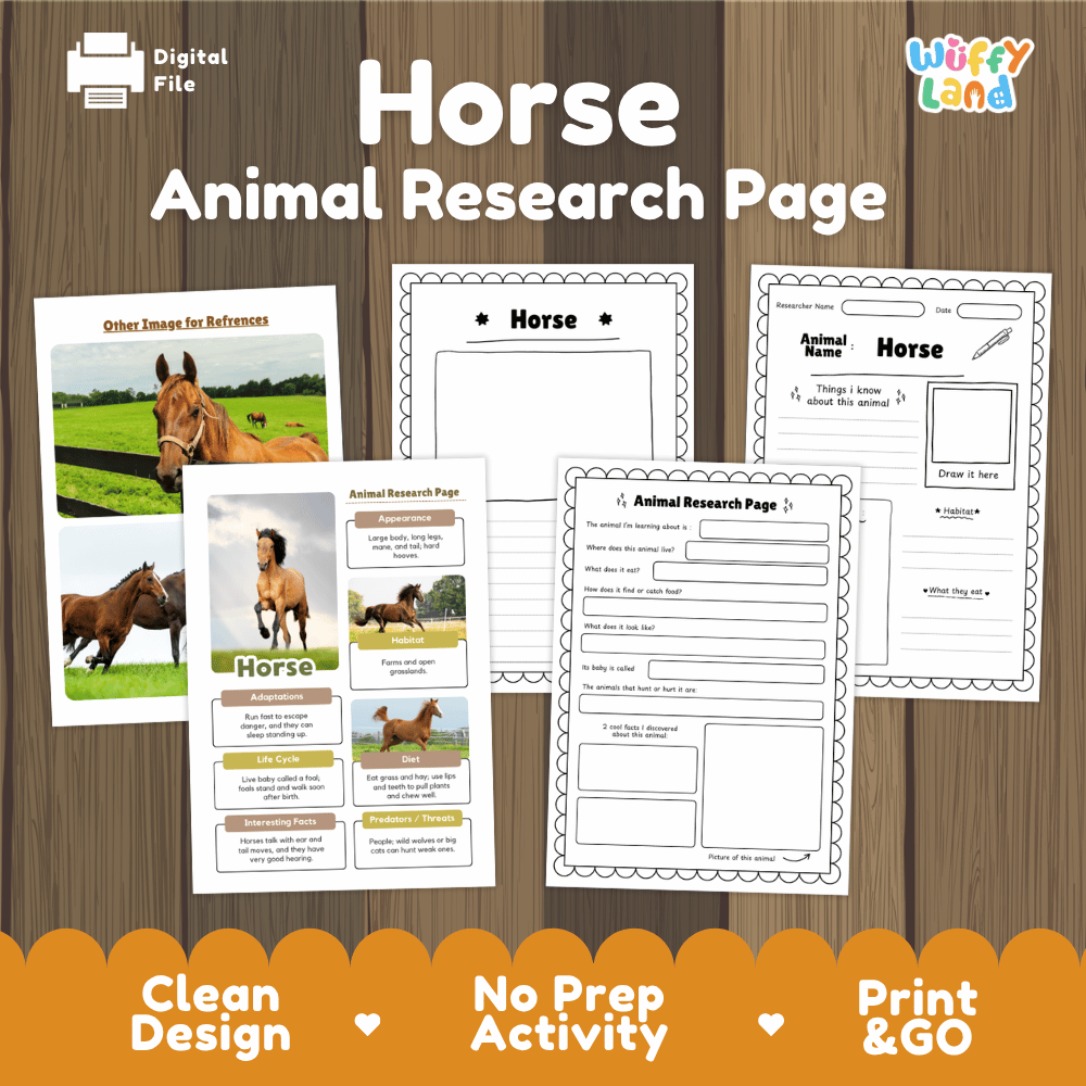 A digital preview of printable horse animal research pages from Wiffy Land, displayed on a wood-grain background with an orange banner at the bottom highlighting key features like clean design and print & go.