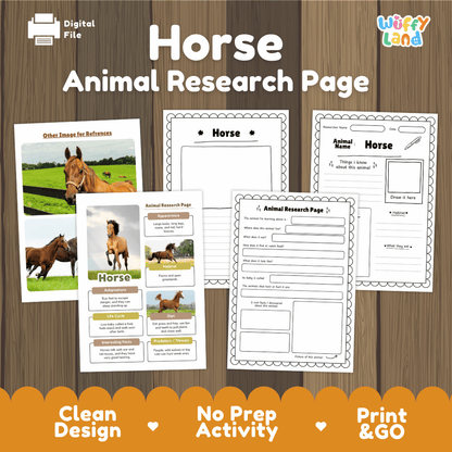 A digital preview of printable horse animal research pages from Wiffy Land, displayed on a wood-grain background with an orange banner at the bottom highlighting key features like clean design and print & go.