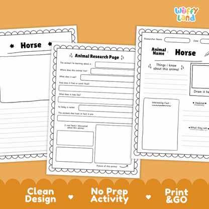 Three printable worksheet pages for horse animal research are shown on an orange background. The pages are white with black text and border, featuring sections for the animal name, horse details, and writing prompts.