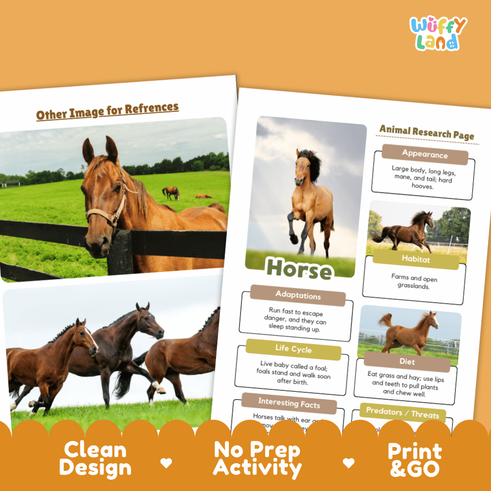 Educational activity sheet set about horses, featuring a horse research page with text boxes and photos of horses in a field, alongside a reference page. The sheets are shown on an orange background with a decorative orange banner at the bottom reading 'Clean Design', 'No Prep Activity', and 'Print & GO'.