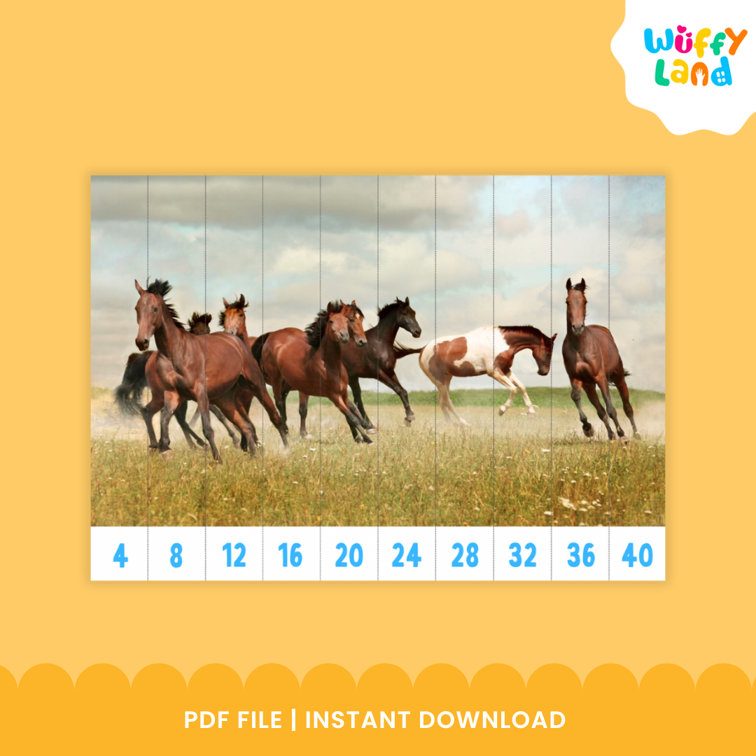 Educational skip counting puzzle showing a group of horses running across a grassy field, divided into strips labeled with numbers 4 to 40 for counting by fours.