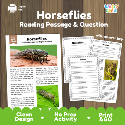 Digital reading activity sheet set about horsesflies, featuring a reading passage, comprehension questions, and an answer key on a wood-textured background with promotional text at the bottom.