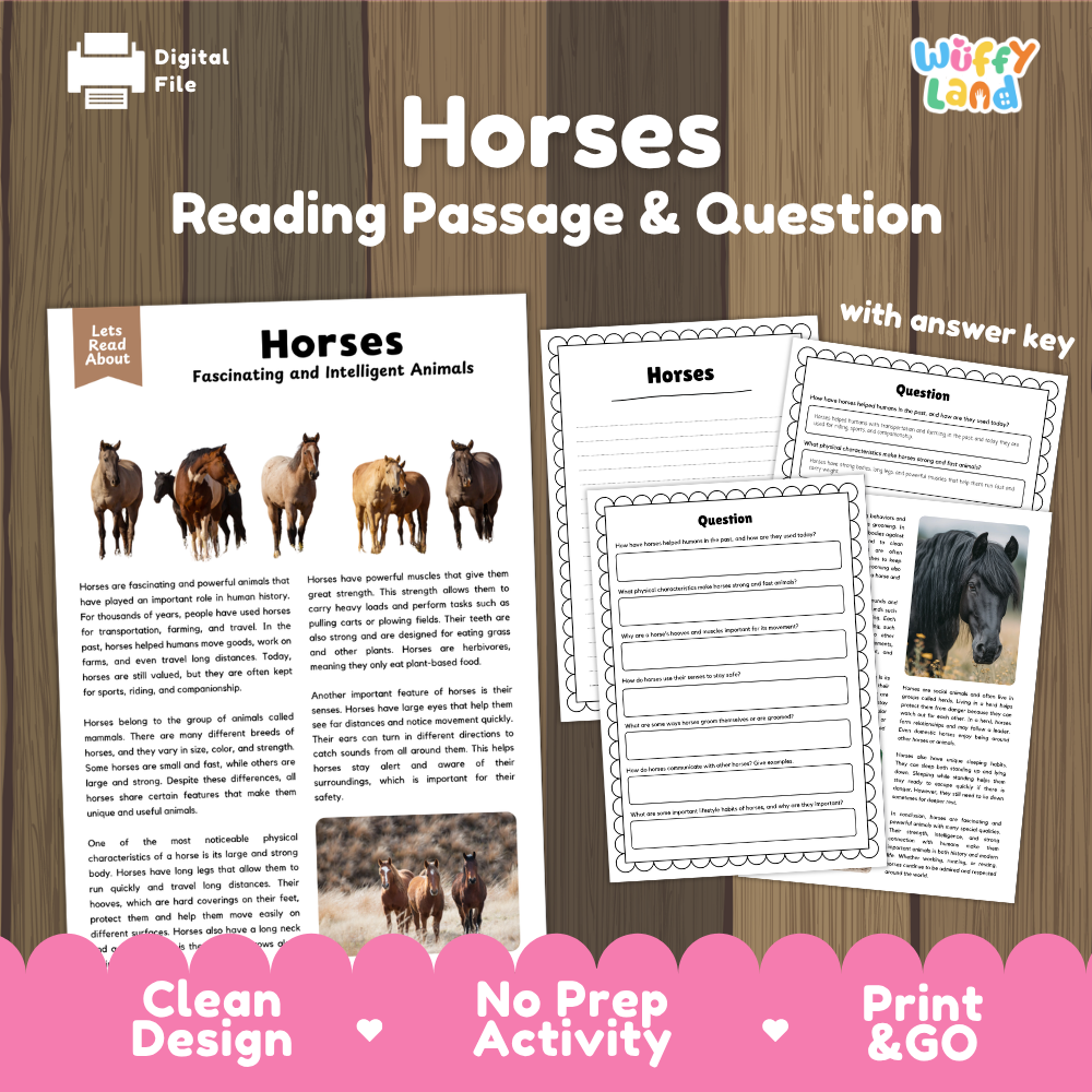 Horses Reading Passage and Comprehension Questions Worksheets with Answer Key