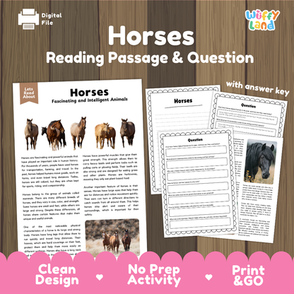 Horses Reading Passage and Comprehension Questions Worksheets with Answer Key