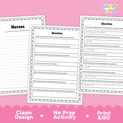 Three printable horse-themed worksheet pages with text and blank lines, shown on a pink background with the text 'Clean Design', 'No Prep Activity', and 'Print & GO'. The top right corner shows the brand name 'Wiffy Land'.