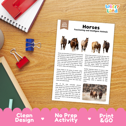 A printed horse-themed activity sheet titled 'Horses Fascinating and Intelligent Animals' laid on a wooden desk with notebooks, binder clips, and a pen visible around it. The sheet includes text and horse photos, and the image has a pink banner at the bottom reading 'Clean Design', 'No Prep Activity', and 'Print & GO'.