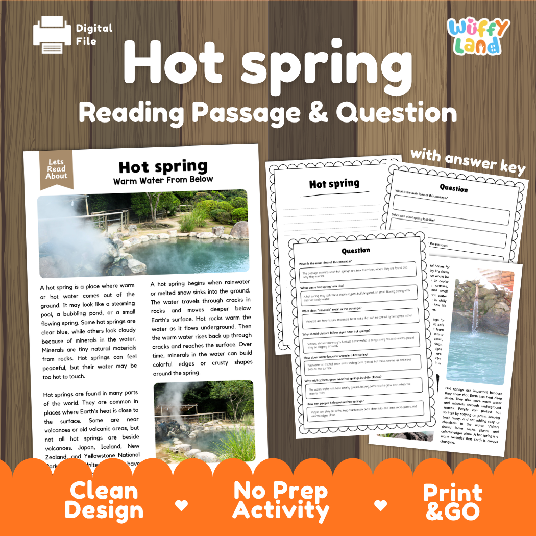 Hot spring reading comprehension passage and questions printable activity pack with answer key for elementary students