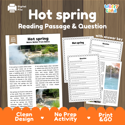 Hot spring reading comprehension passage and questions printable activity pack with answer key for elementary students