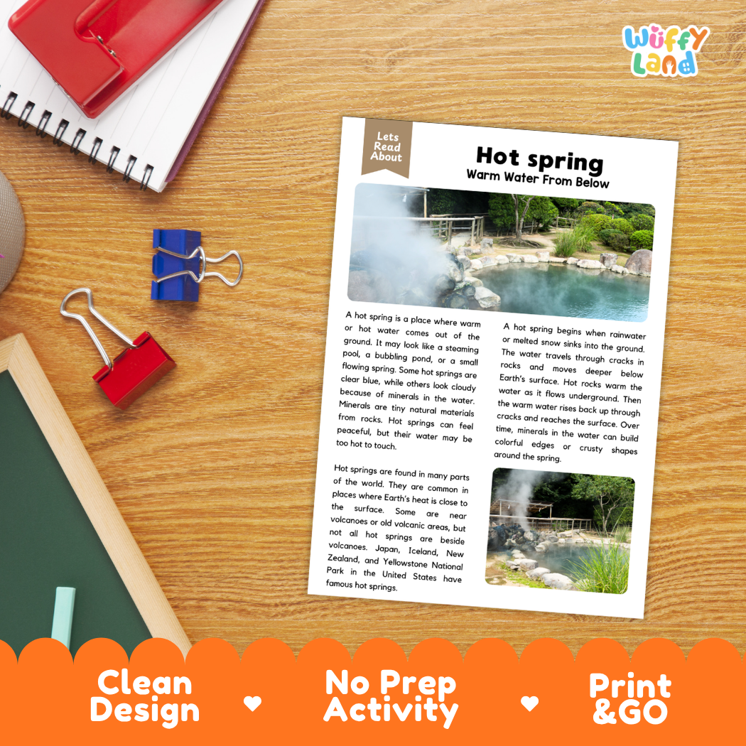 Student reading comprehension worksheet with short-answer questions and handwriting lines about hot springs