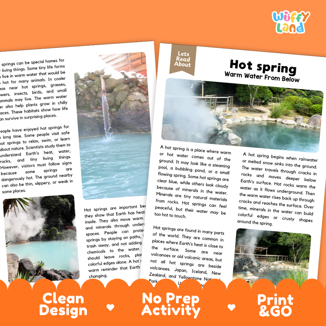 Teacher answer key page showing complete question solutions for hot spring reading comprehension practice