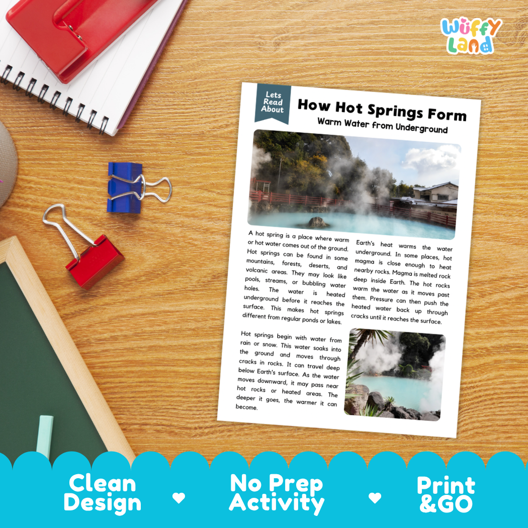 Printable student worksheet with short-answer reading comprehension questions covering hot springs and geothermal science