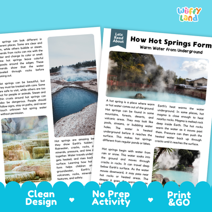 Complete teacher answer key worksheet providing detailed model responses for hot spring comprehension questions