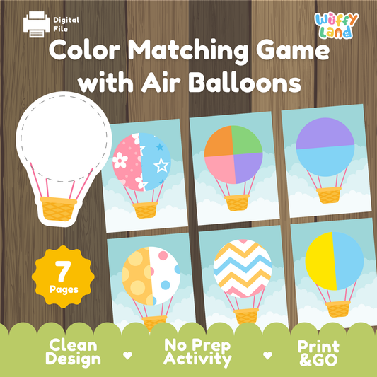 Promotional graphic for a digital printable 'Color Matching Game with Air Balloons' by Wiffy Land. The design shows a wood-textured background, a lightbulb outline with a hot air balloon, six sample balloon cards in different color patterns, a yellow badge reading '7 Pages,' and green banners at the bottom with product feature claims.