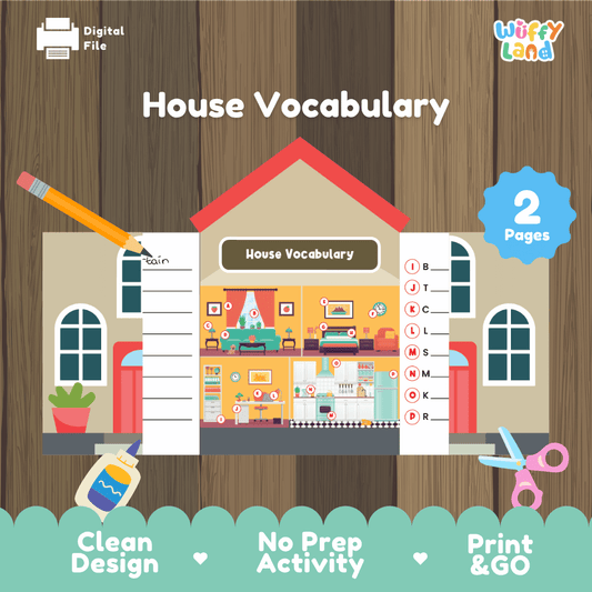 House vocabulary printable home objects and folding house craft activity pack overview from Wuffy Land featuring 2 pages 🏡🛋️