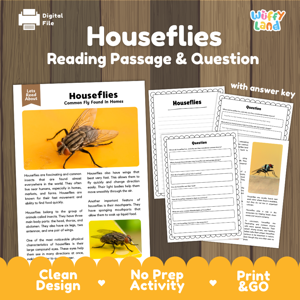 Digital reading activity bundle for 'Houseflies' featuring a reading passage, worksheet questions, and an answer key, presented on a wood-grain background with promotional text.