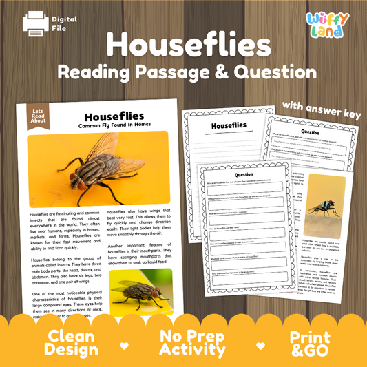 Digital reading activity bundle for 'Houseflies' featuring a reading passage, worksheet questions, and an answer key, presented on a wood-grain background with promotional text.