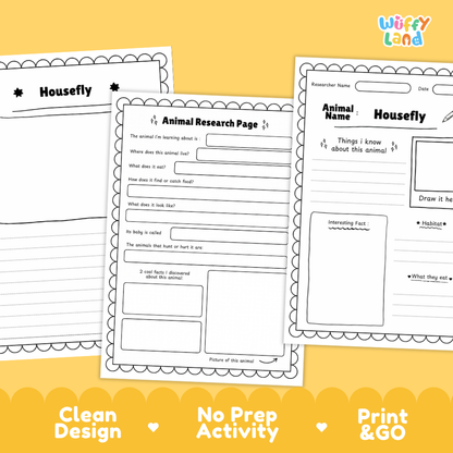 Three printable worksheet pages for animal research about the housefly are shown on a yellow background with marketing text at the bottom. The pages are black-and-white with printed headings like 'Housefly,' 'Animal Research Page,' and 'Animal Name.