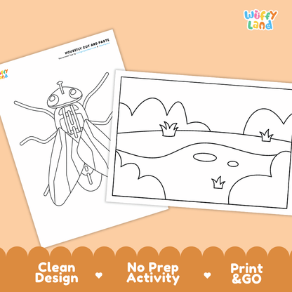 Housefly Cut and Paste Craft and Coloring Activity Worksheets