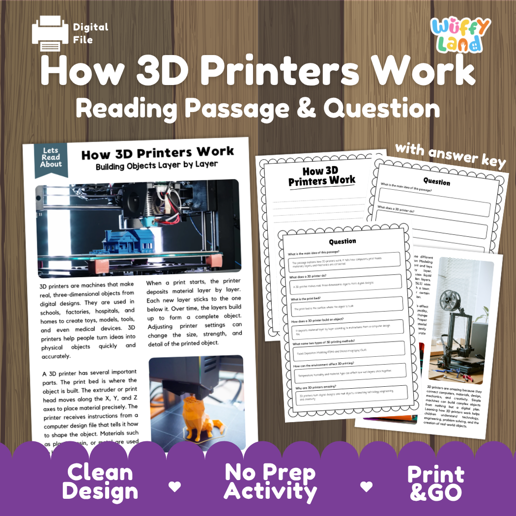 How 3D Printers Work reading comprehension passage and questions activity pack with full answer key for students