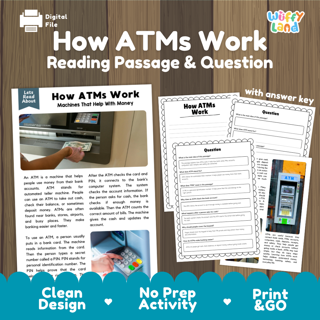 How ATMs Work reading comprehension passage and questions activity pack with full answer key for students