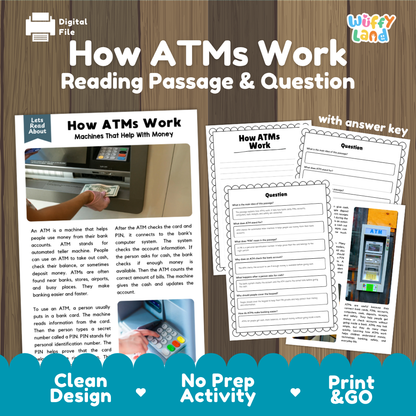 How ATMs Work reading comprehension passage and questions activity pack with full answer key for students