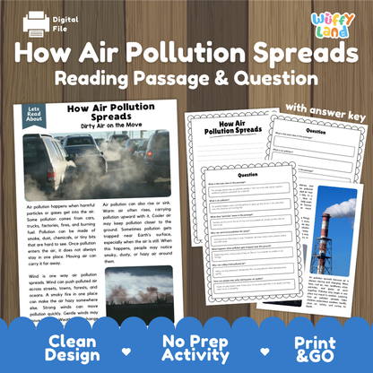 How Air Pollution Spreads reading comprehension passage and questions activity pack with full answer key for students