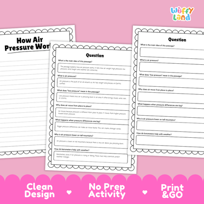 Educational reading passage explaining air weight, high and low pressure systems, and how air pressure creates wind