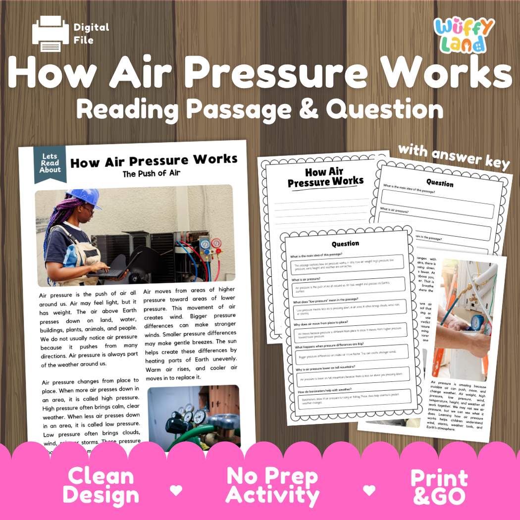How Air Pressure Works reading comprehension passage and questions activity pack with full answer key for students