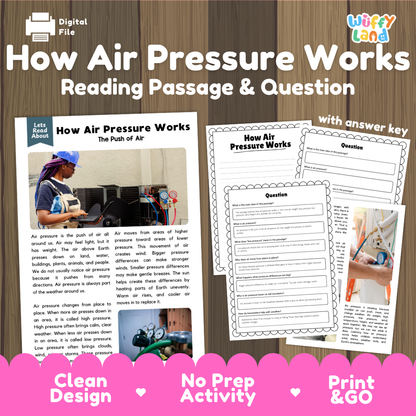 How Air Pressure Works reading comprehension passage and questions activity pack with full answer key for students