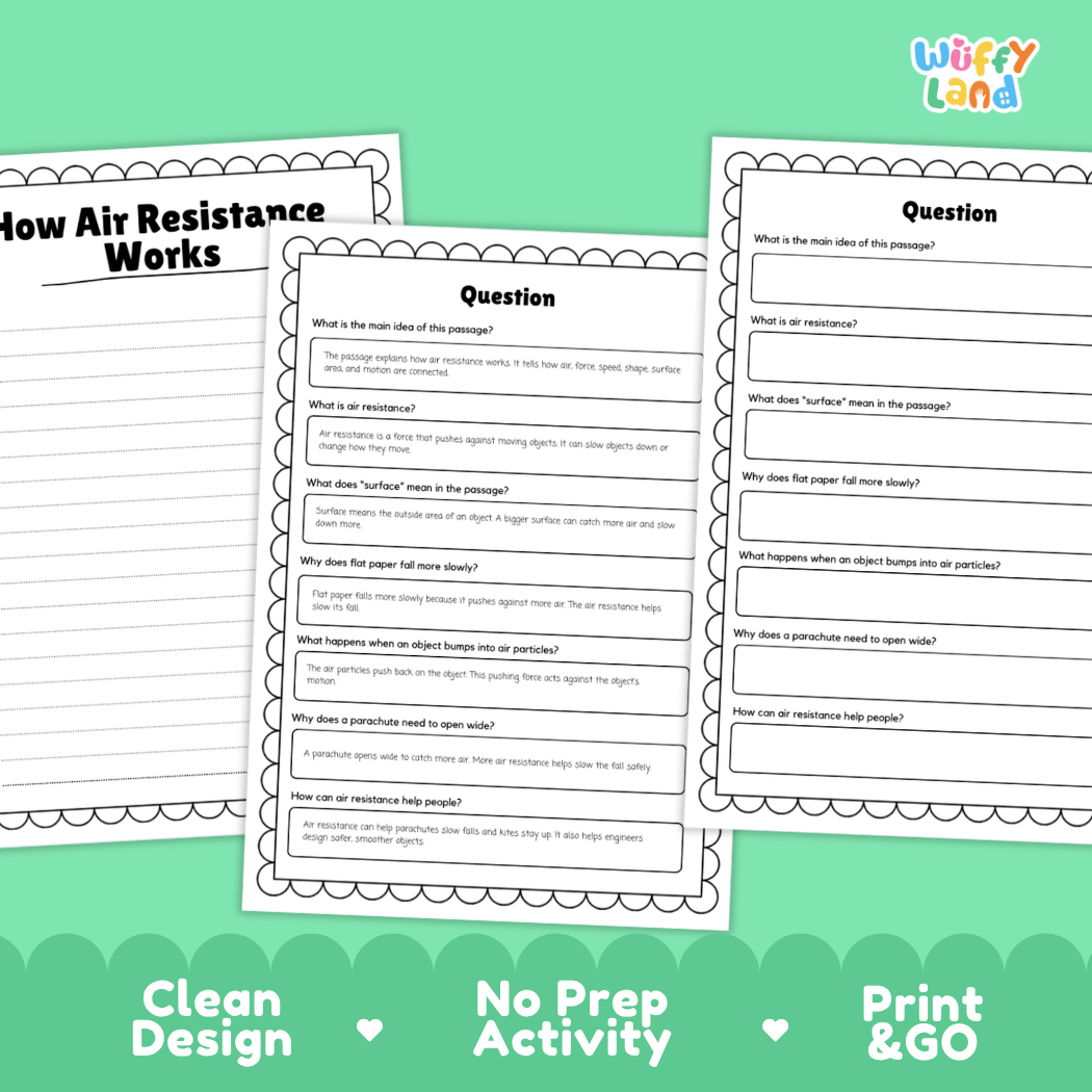 Informational reading passage page detailing air resistance force air particles surface area falling objects parachutes and speed with diagrams