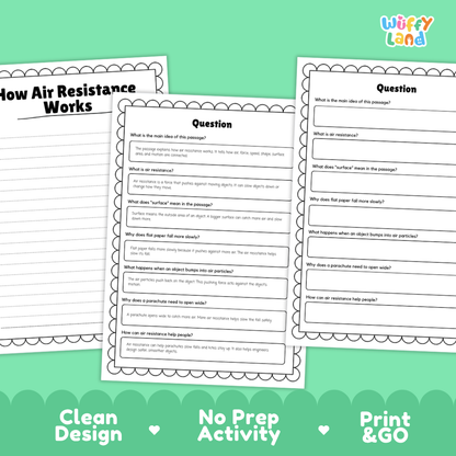 Informational reading passage page detailing air resistance force air particles surface area falling objects parachutes and speed with diagrams