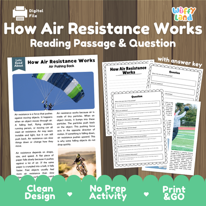 How air resistance works reading comprehension passage and questions printable activity pack with answer key for elementary students
