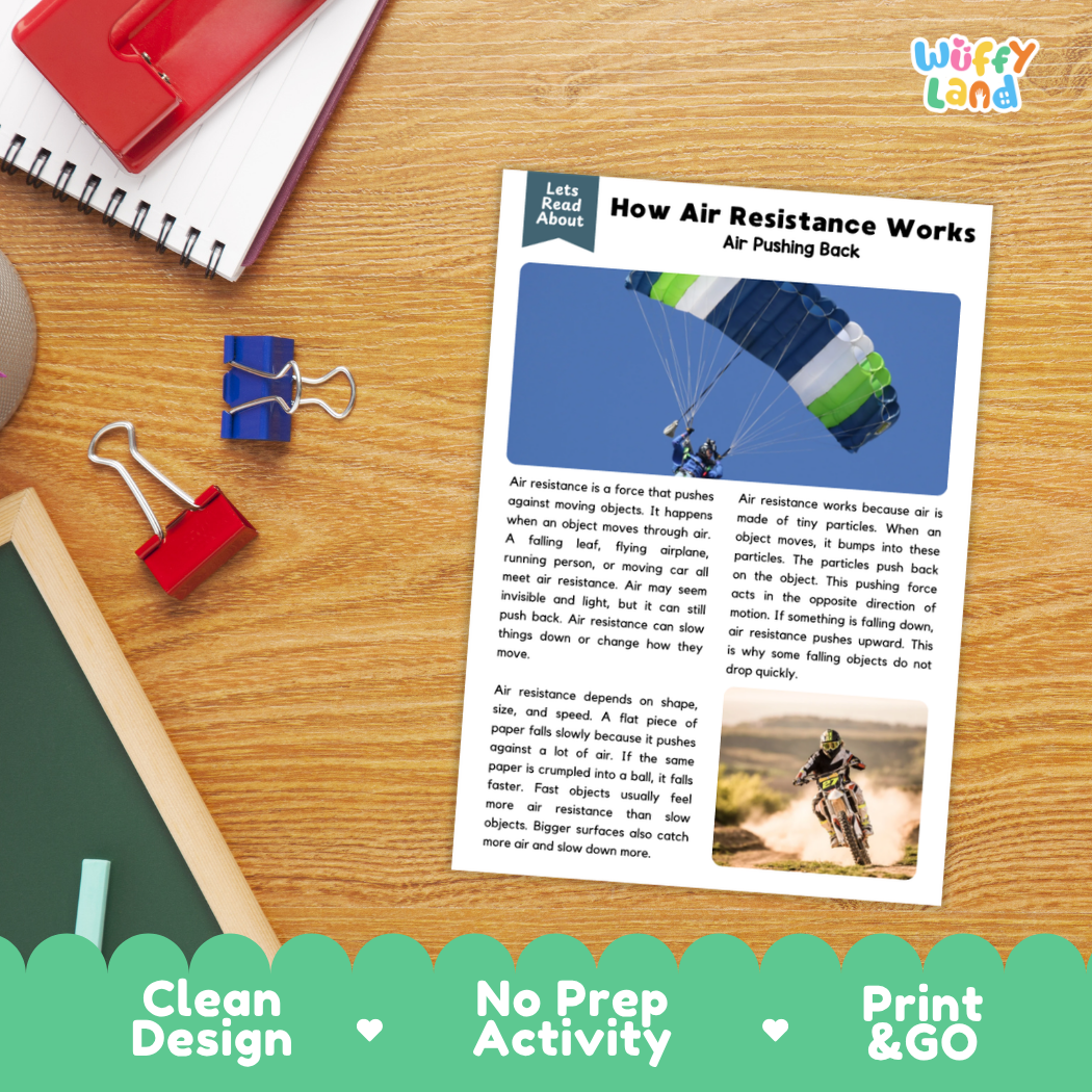 Student reading comprehension worksheet with short-answer questions and lined sections about how air resistance works