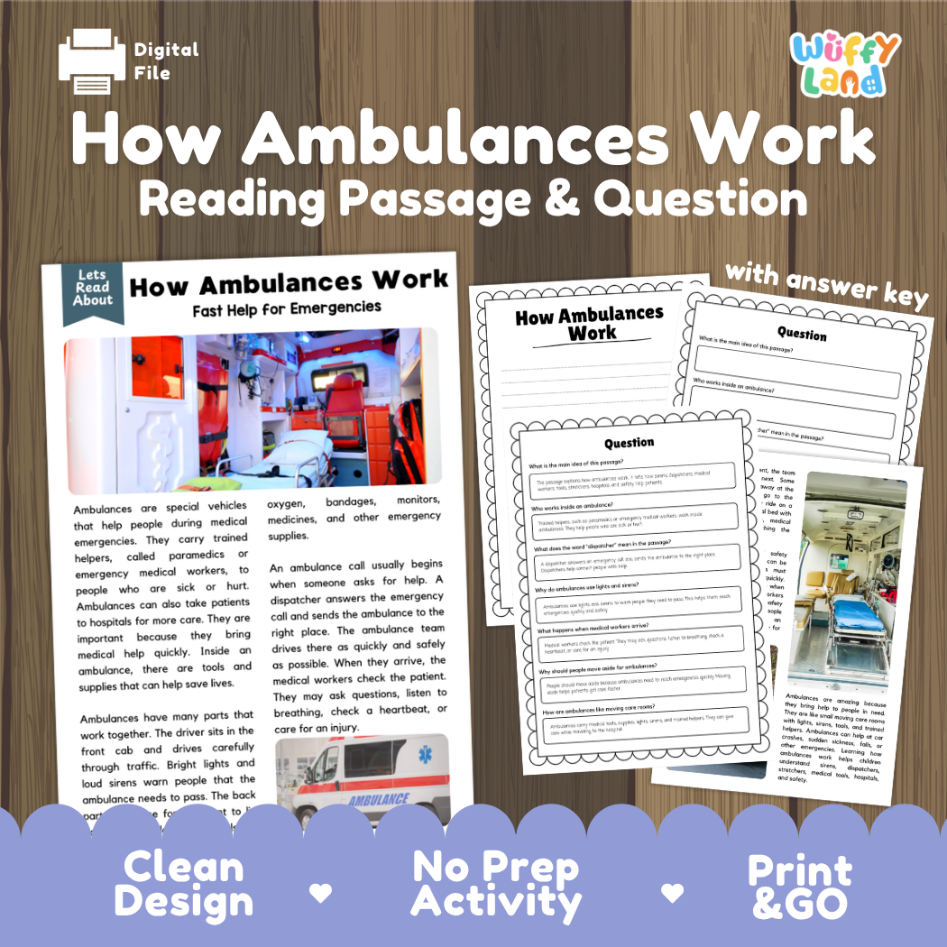 How Ambulances Work reading comprehension passage and questions printable activity pack with answer key for elementary students