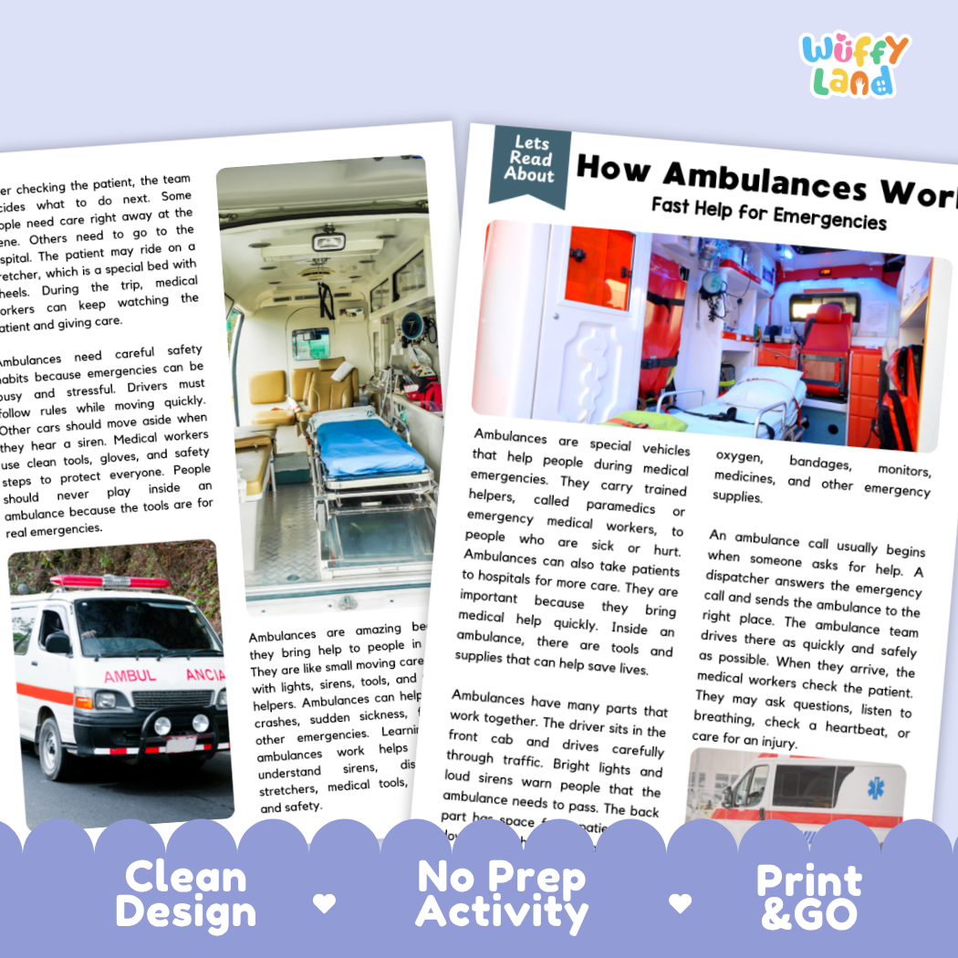 Teacher answer key page showing complete question solutions for ambulance healthcare and community helpers reading comprehension practice