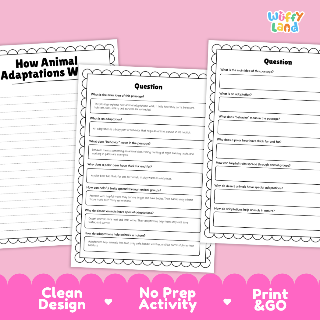 Educational reading passage explaining physical body parts, behaviors, and how animal adaptations help them survive