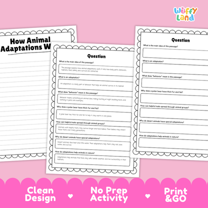 Educational reading passage explaining physical body parts, behaviors, and how animal adaptations help them survive
