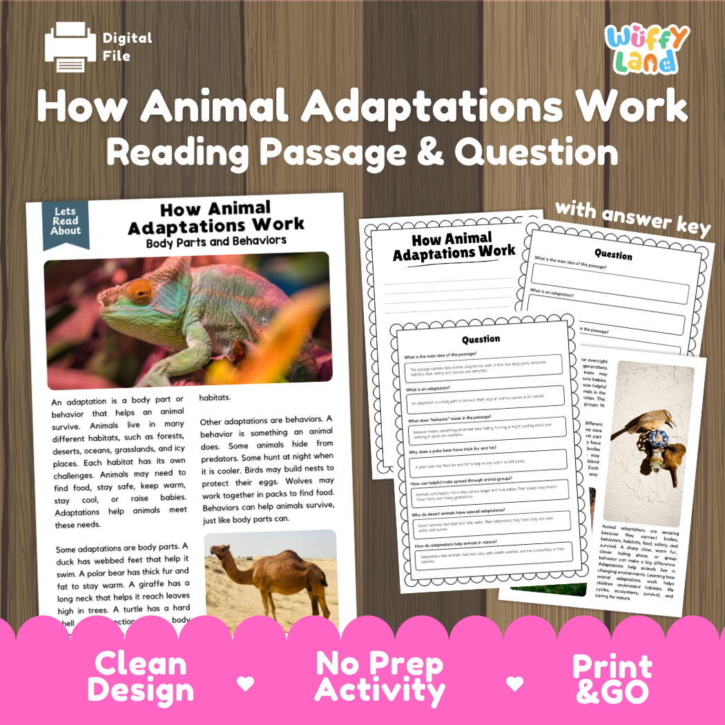 How Animal Adaptations Work reading comprehension passage and questions activity pack with full answer key for students