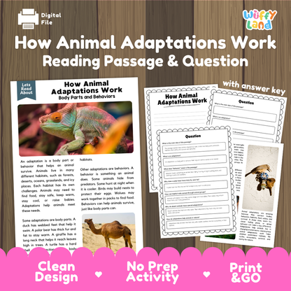 How Animal Adaptations Work reading comprehension passage and questions activity pack with full answer key for students