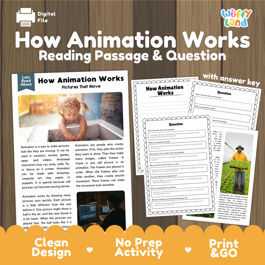 How Animation Works reading comprehension passage and questions printable activity pack with answer key for elementary students